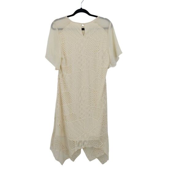 Womens Cream Lace Crochet Patchwork Tunic Dress Sz M Handkerchief Boho Bridal - Picture 8 of 11